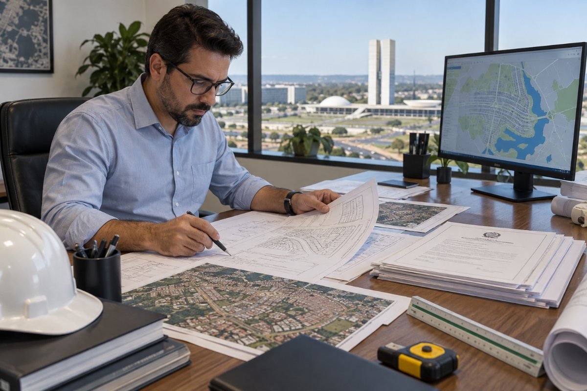 Engenheiro analisando mapa urbanístico e documentos antes da compra de imóvel no Distrito Federal