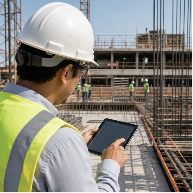 Engenheiro registrando o andamento de uma obra em tablet no canteiro