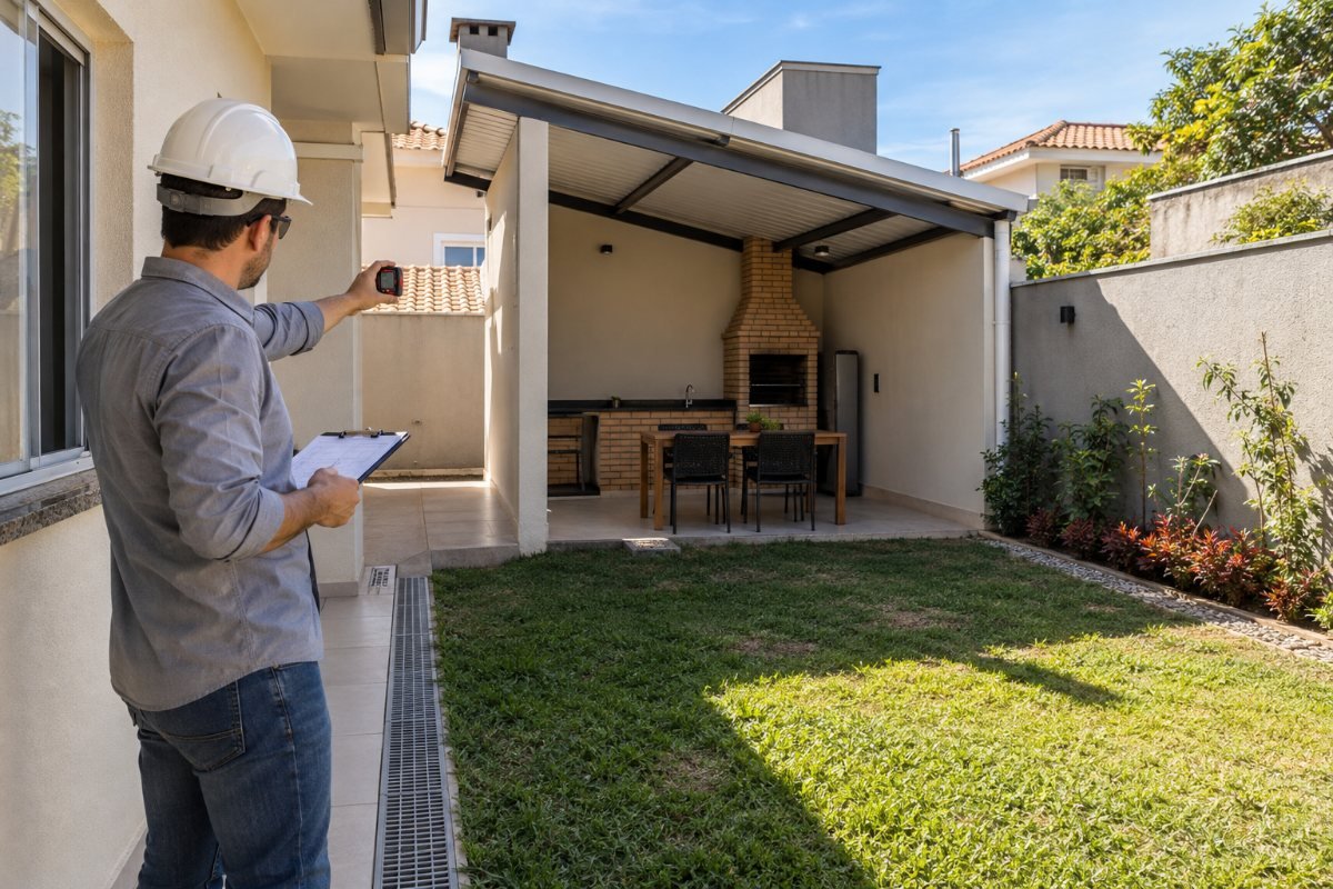 Engenheiro medindo edícula e cobertura adicionadas a residência para levantamento de regularização