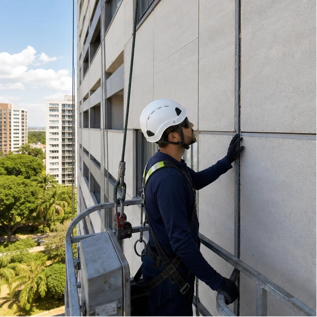 Junta vertical de fachada com selante envelhecido durante inspeção técnica
