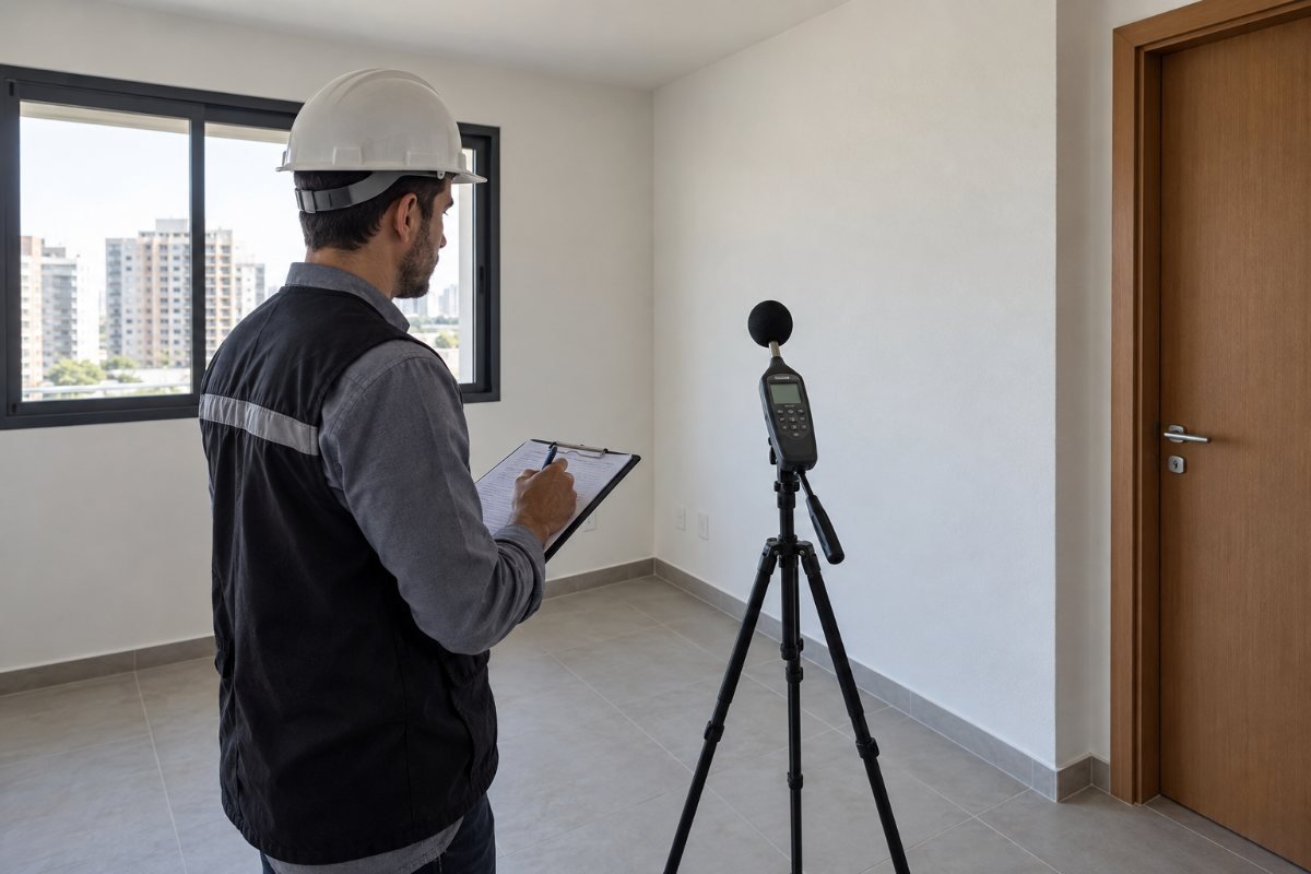 Engenheiro realizando observação acústica em sala vazia de apartamento novo
