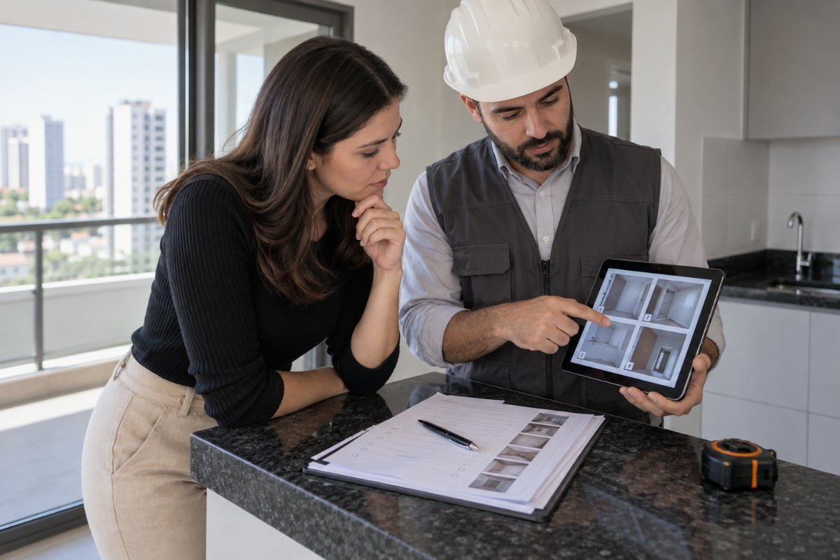 Comprador e engenheiro organizando termo de vistoria com fotos e checklist do apartamento