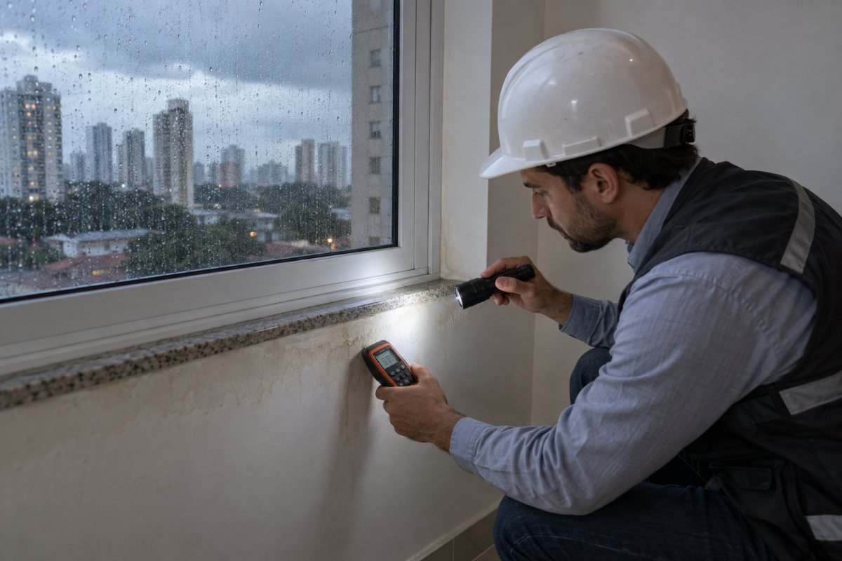 Engenheiro verificando sinais de entrada de água junto a janela após chuva