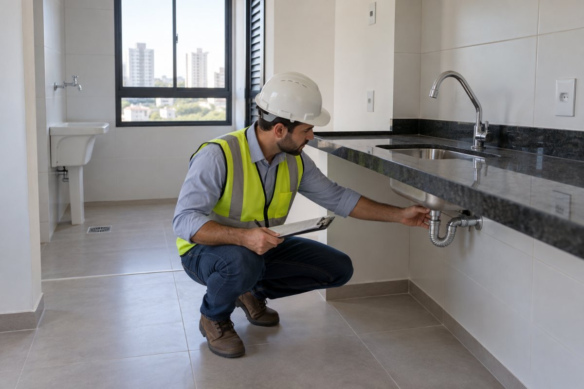 Engenheiro inspecionando bancada e pontos de instalações em cozinha de apartamento novo