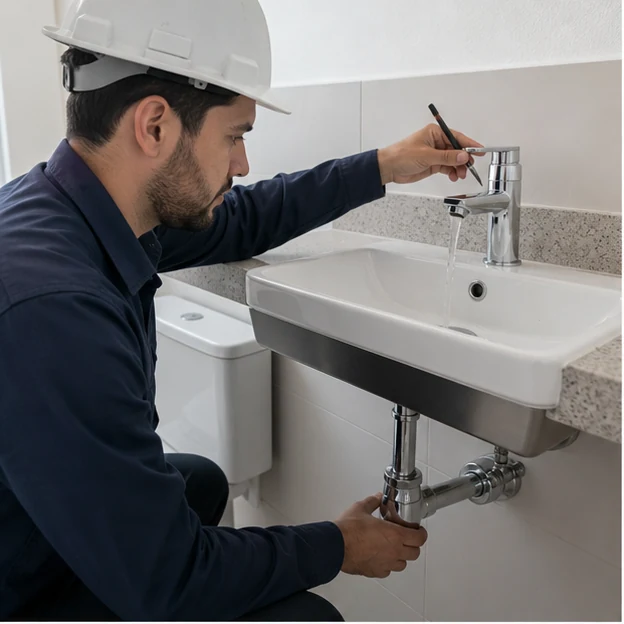 Engenheiro verificando torneira e conexão hidráulica durante vistoria de apartamento