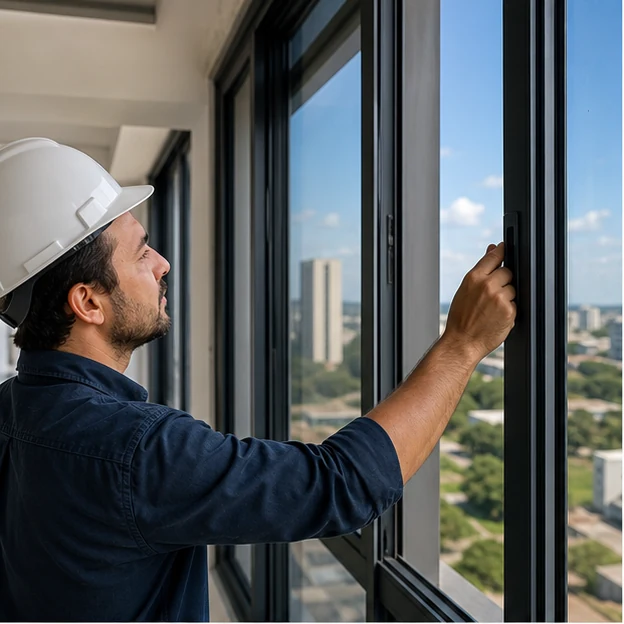 Engenheiro verificando o funcionamento de uma janela durante vistoria de entrega de apartamento