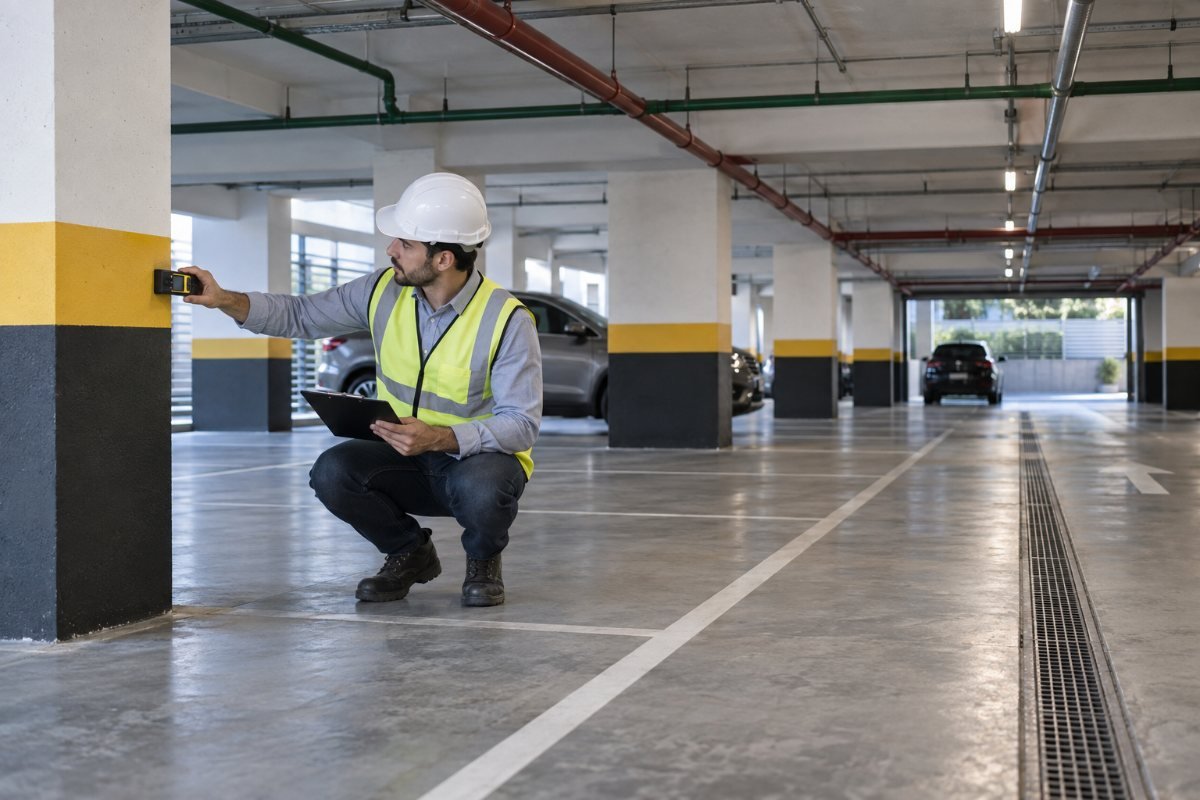 Engenheiro inspecionando vaga demarcada e circulação em garagem de edifício novo